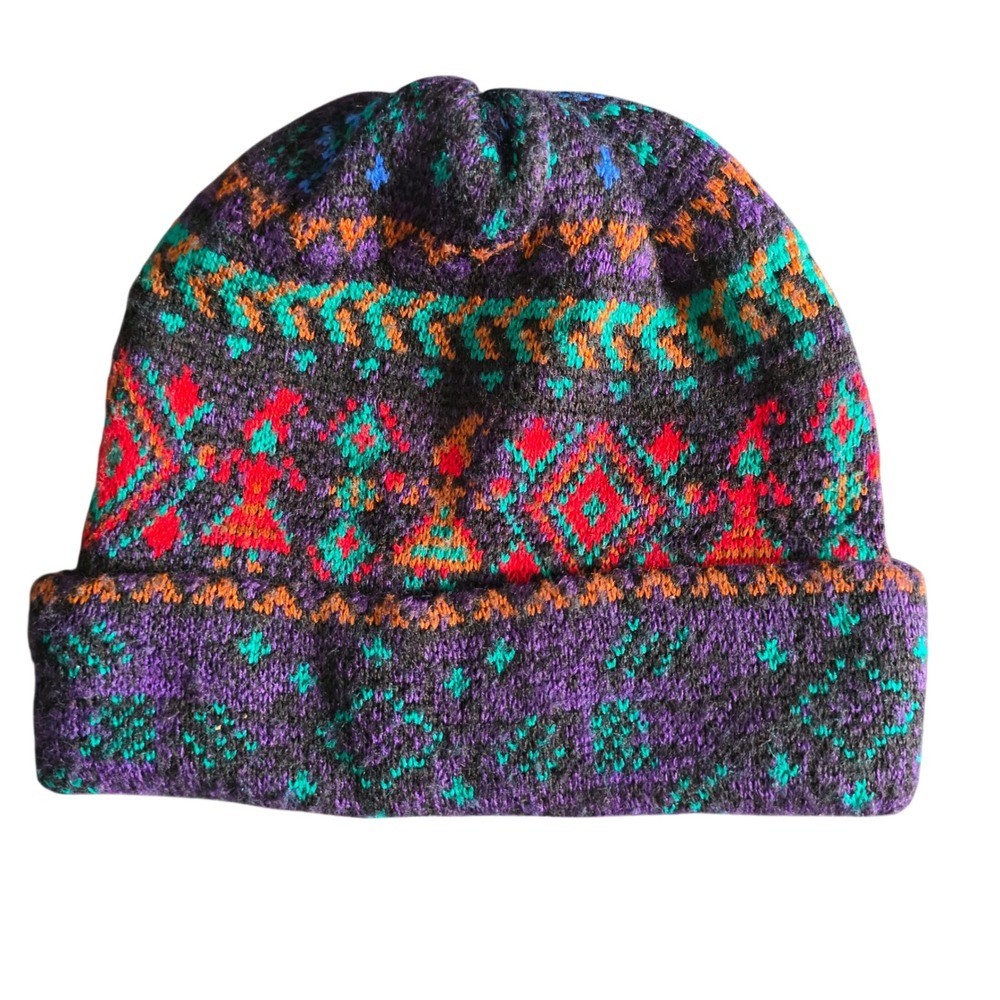 Vintage Meister Knit Beanie Hat Purple Geometric Fair Isle Wool Blend Ski Cap